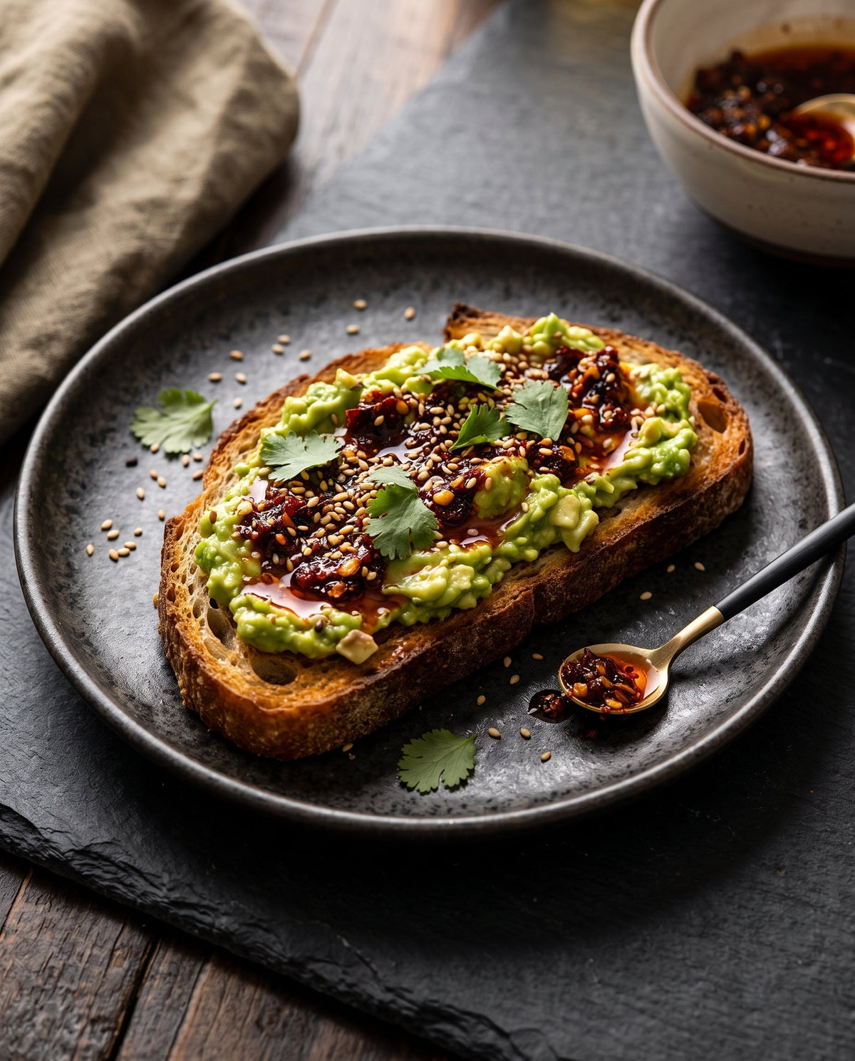 A thick slice of golden-brown toasted sourdough is topped with roughly mashed avocado, generously drizzled with dark red chili crisp, and garnished with toasted sesame seeds and fresh cilantro leaves.