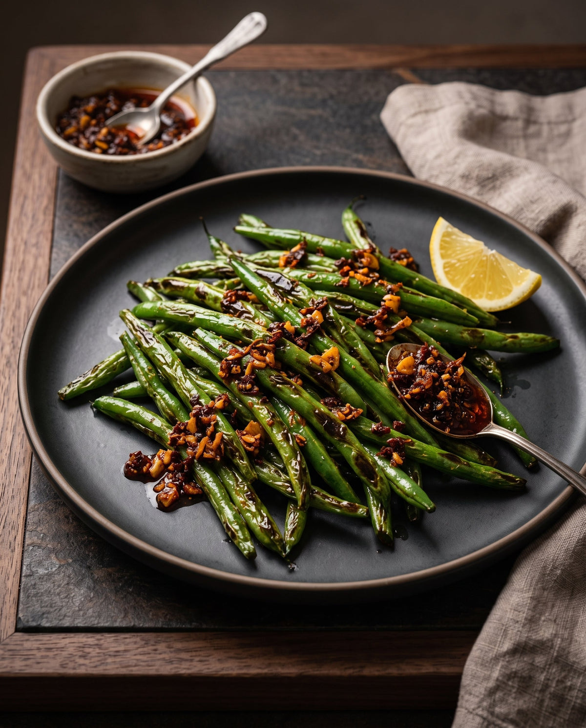 A close-up, premium photograph of blistered green beans on a matte black plate, coated in a garlic and shallot chili crisp. A lemon wedge and a bowl of chili crisp with a small spoon sit on a dark wood and stone table in a slightly moody, rustic setting.