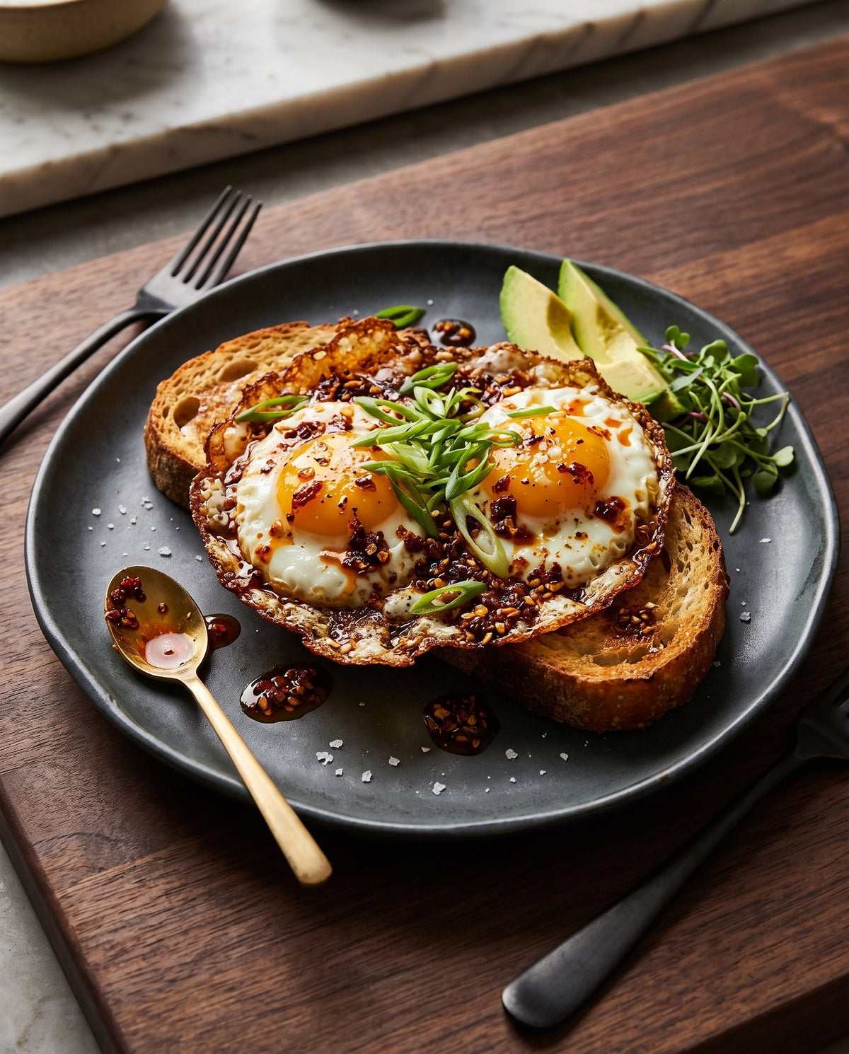Two sunny-side-up fried eggs with crispy, chili-infused edges, served over thick slices of toasted sourdough bread and garnished with fresh scallions.