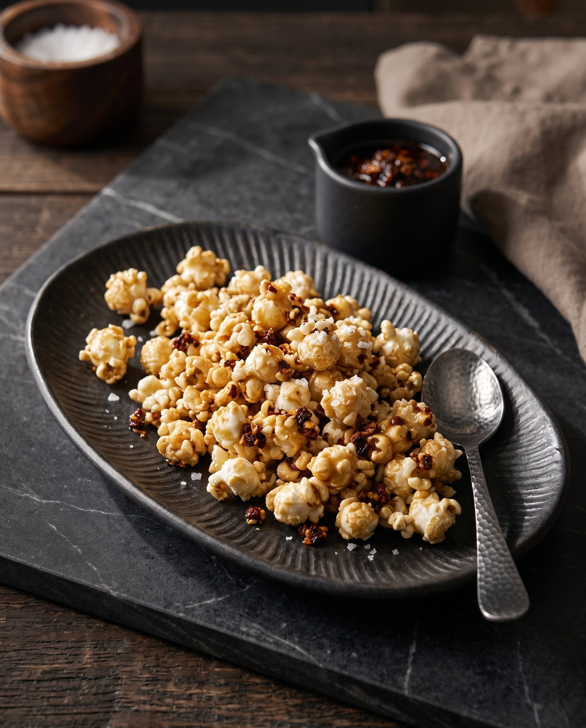 An elevated, close-up photograph of a dark, matte ceramic bowl filled with gourmet, golden-glazed popcorn. The popcorn is speckled with visible red chili flakes and dark chili crisp bits, and dusted with coarse sea salt.