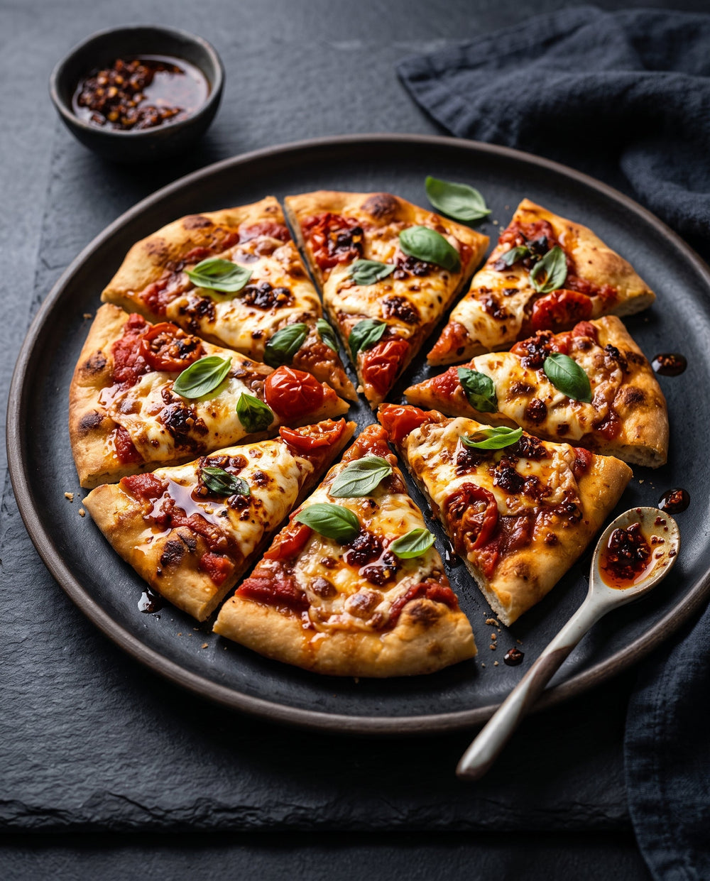 A premium, sliced flatbread pizza served on a dark, textured plate, topped with melted mozzarella, blistered cherry tomatoes, fresh basil leaves, and a generous, glistening drizzle of chili crisp.