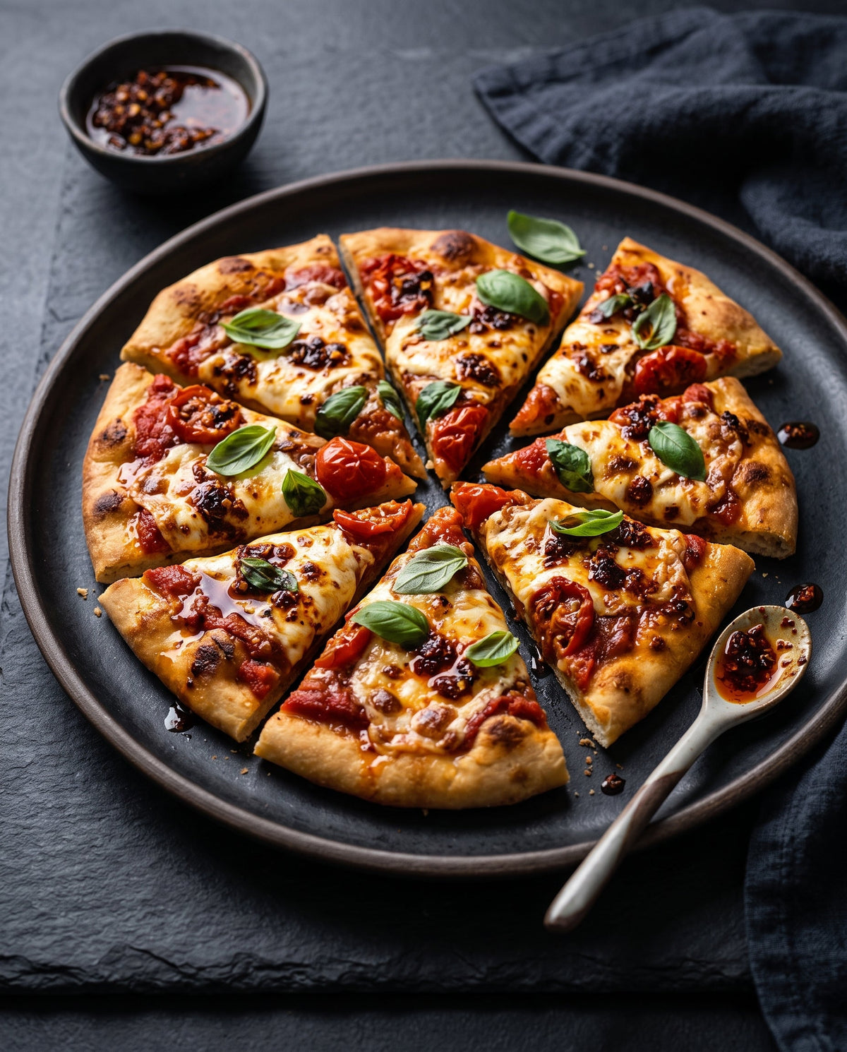 A premium, sliced flatbread pizza served on a dark, textured plate, topped with melted mozzarella, blistered cherry tomatoes, fresh basil leaves, and a generous, glistening drizzle of chili crisp.