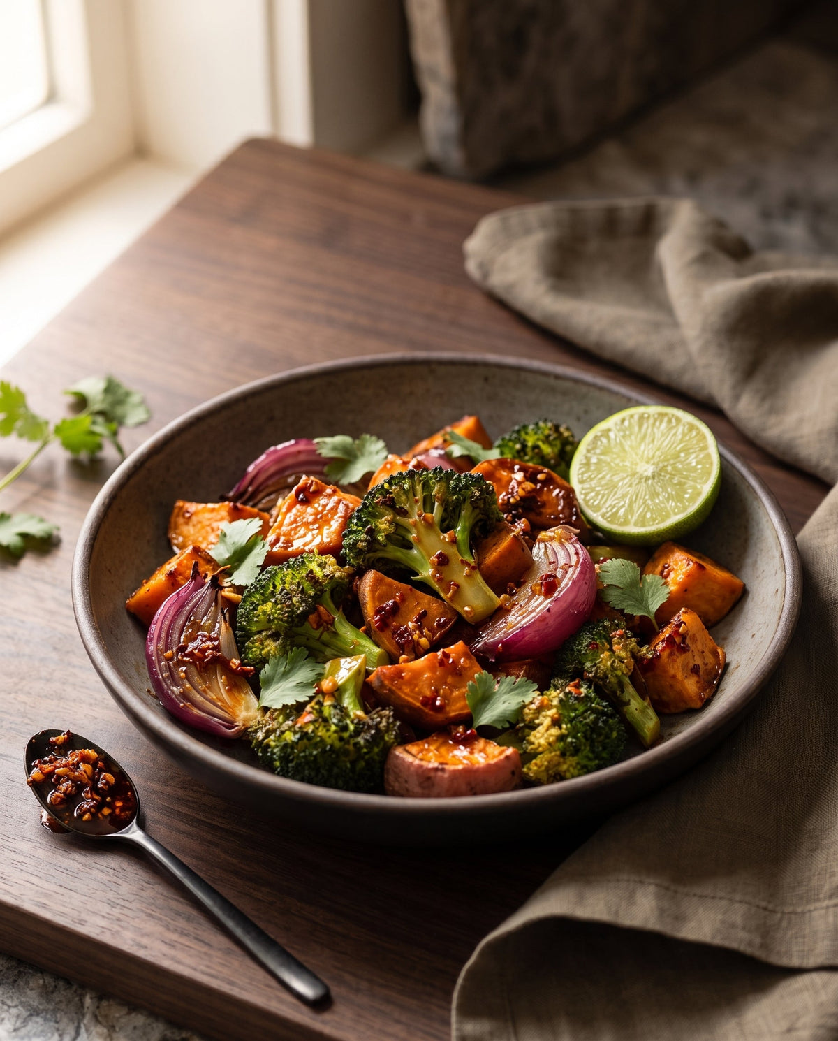 A dark ceramic bowl filled with roasted sweet potatoes, broccoli florets, and red onion wedges glistening with a chili crisp glaze. The dish is garnished with fresh cilantro leaves and a lime half, resting on a dark wood surface.