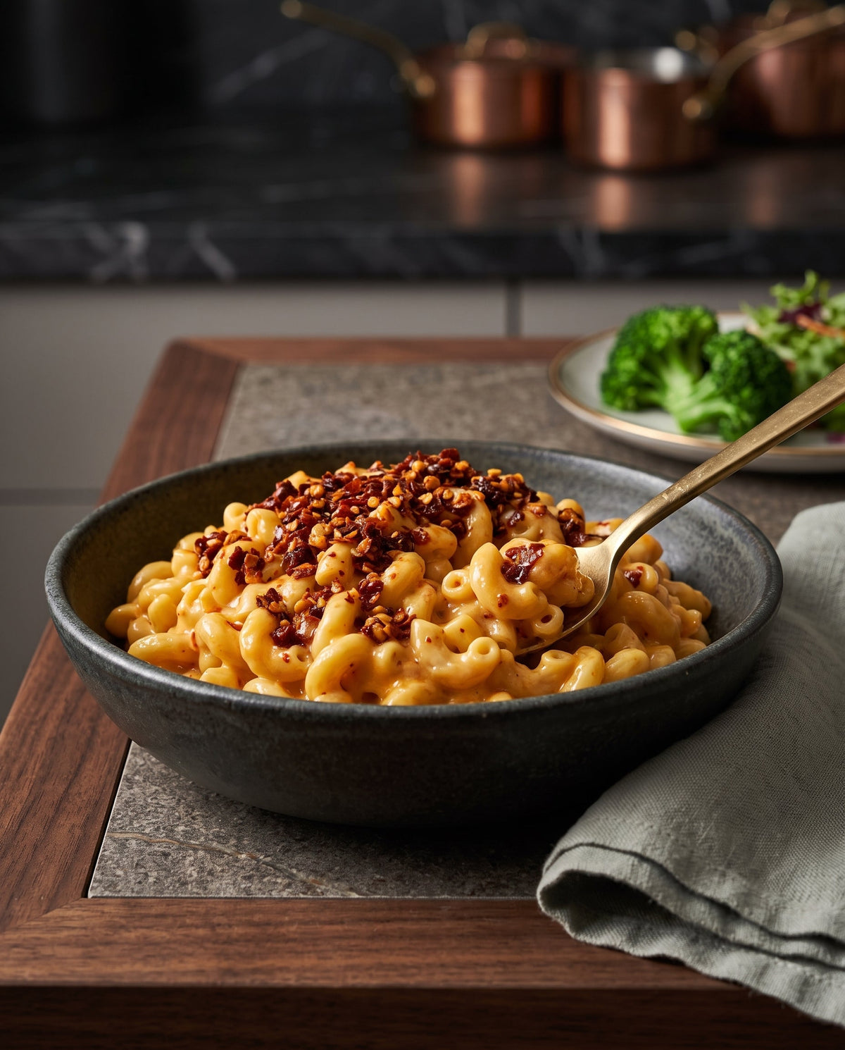 A sophisticated close-up photograph of creamy macaroni and cheese in a dark stone bowl, generously topped with textured chili crisp and small seeds.