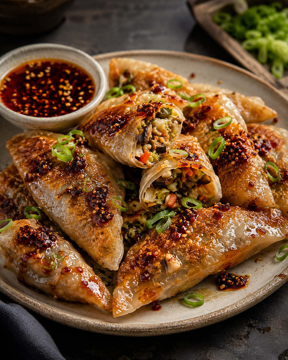 Crispy rice paper dumplings filled with mushrooms and vegetables, topped with Blackland Original Chili Crisp, green onions, and sesame seeds.