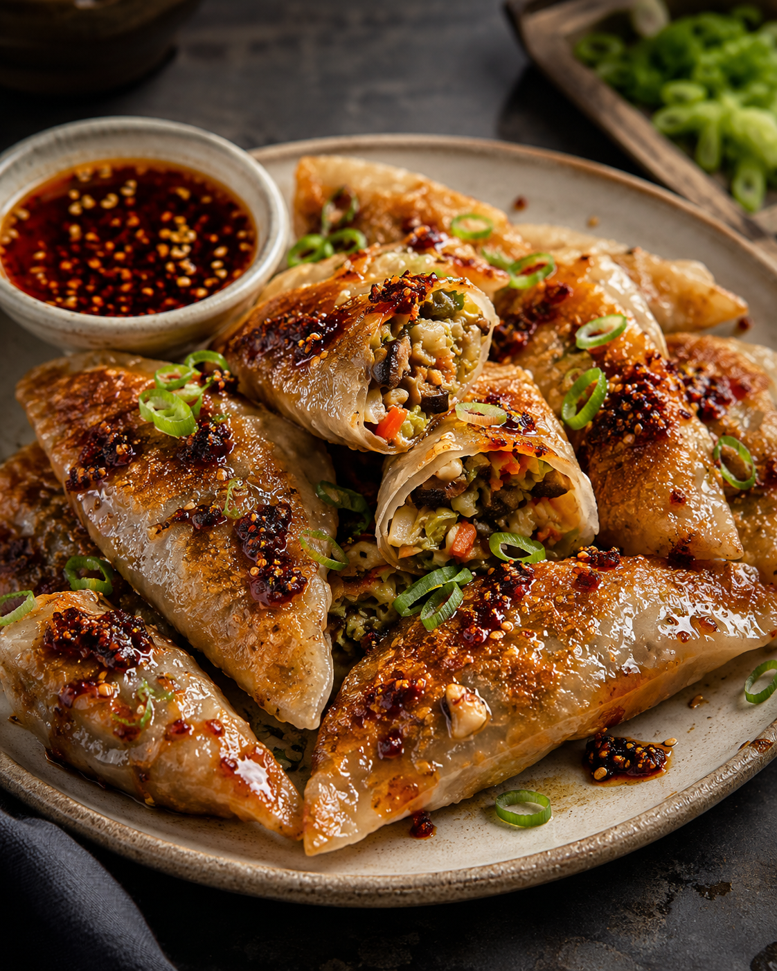 Crispy rice paper dumplings filled with mushrooms and vegetables, topped with Blackland Original Chili Crisp, green onions, and sesame seeds.
