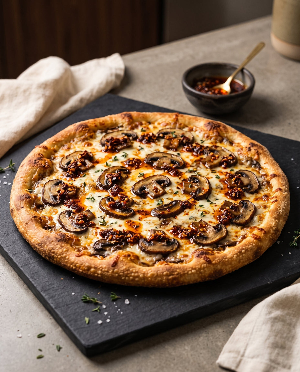 A premium, close-up shot of a freshly baked mushroom pizza drizzled with rich chili crisp and garnished with fresh thyme.