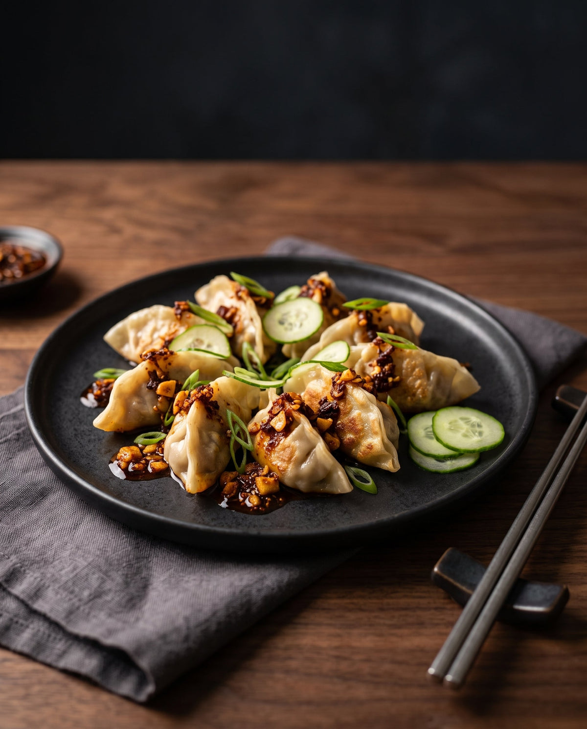 Pan-fried dumplings topped with Garlic Shallot Chili Crisp, sliced cucumbers, and scallions on a black plate.