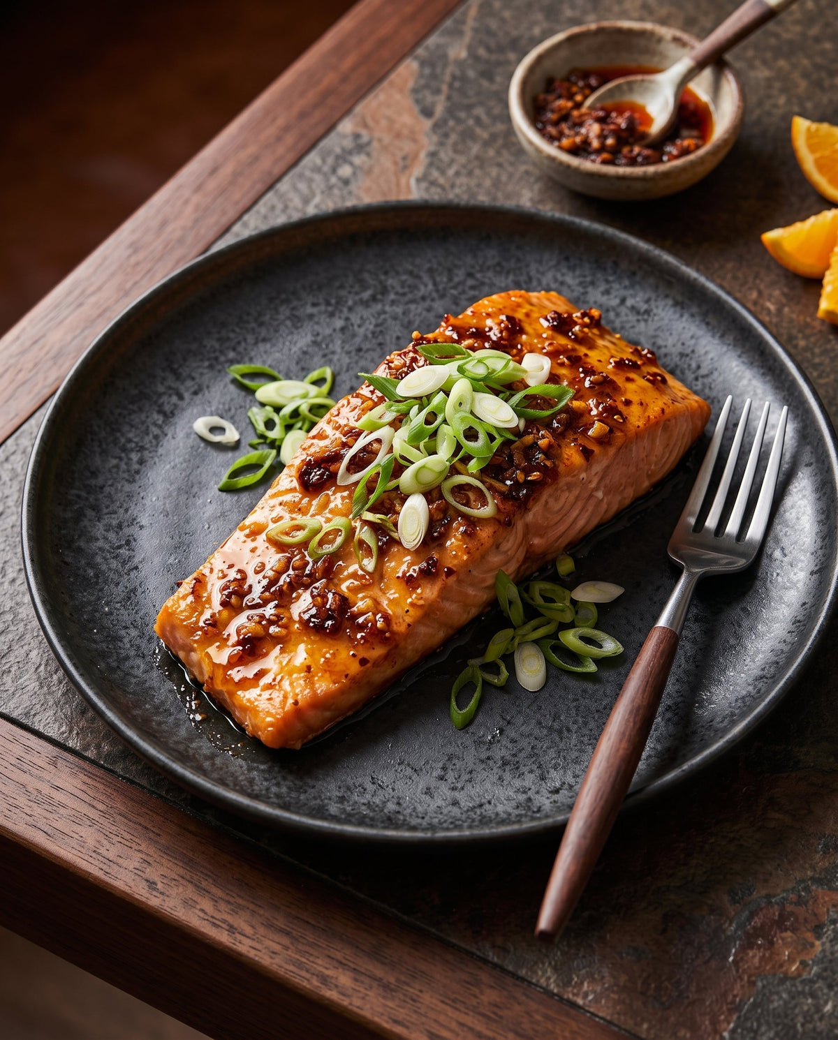 A glazed salmon fillet topped with chopped green onions and chili crisp, resting on a dark ceramic plate alongside a fork and background elements including a bowl of chili and orange slices.