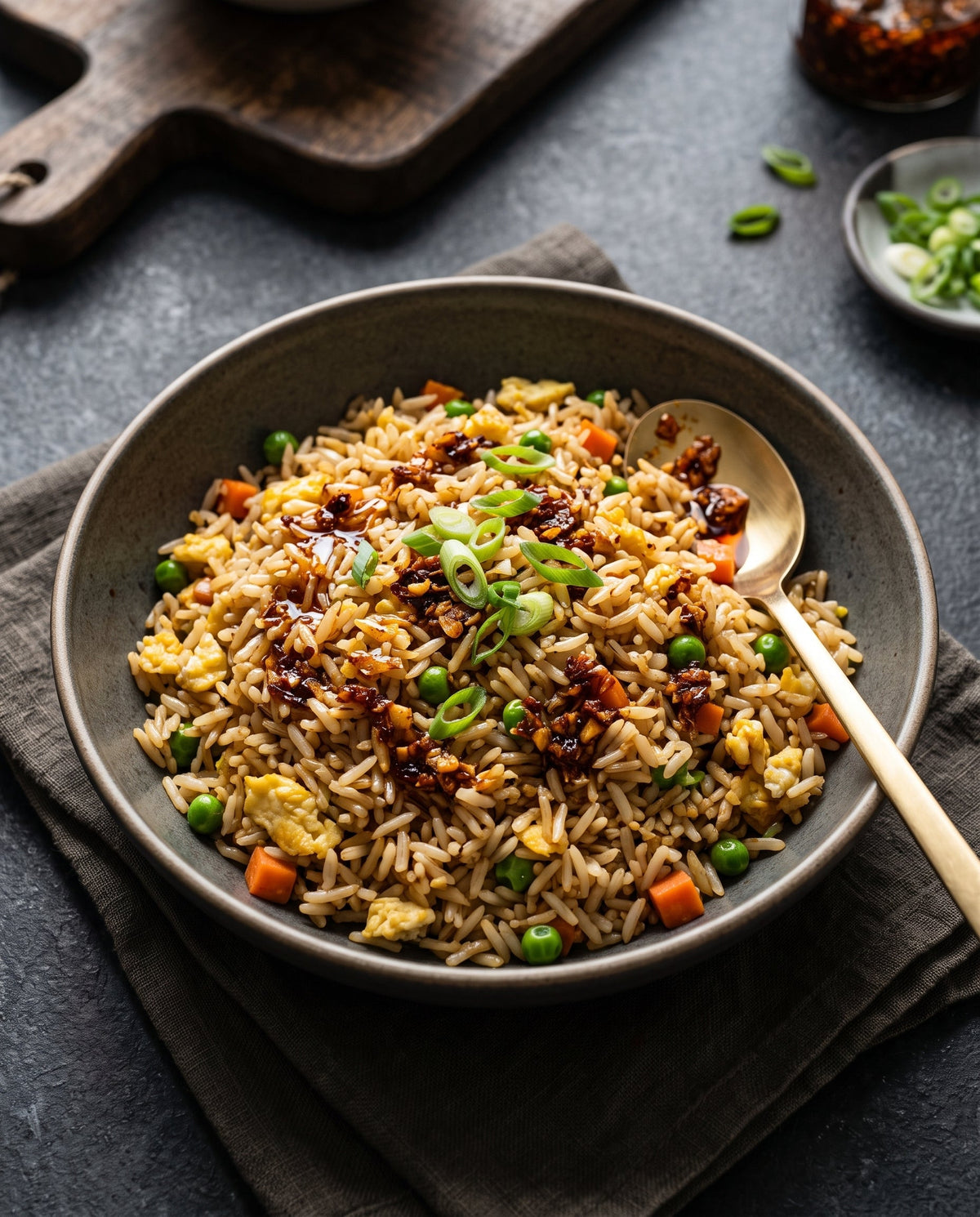ceramic bowl filled with Garlic Shallot Fried Rice, featuring bright green peas, diced carrots, and fluffy scrambled eggs. The dish is garnished with fresh sliced scallions and a glossy, savory drizzle of dark chili crisp.
