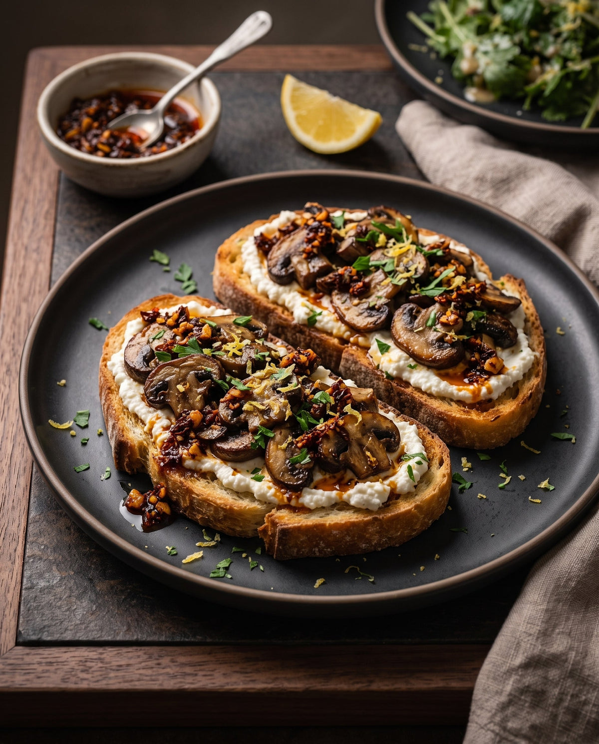 Two slices of thick-cut country bread on a dark matte plate, topped with creamy ricotta cheese, deeply browned cremini mushrooms, and a spicy chili crisp relish, garnished with fresh parsley and grated lemon zest.