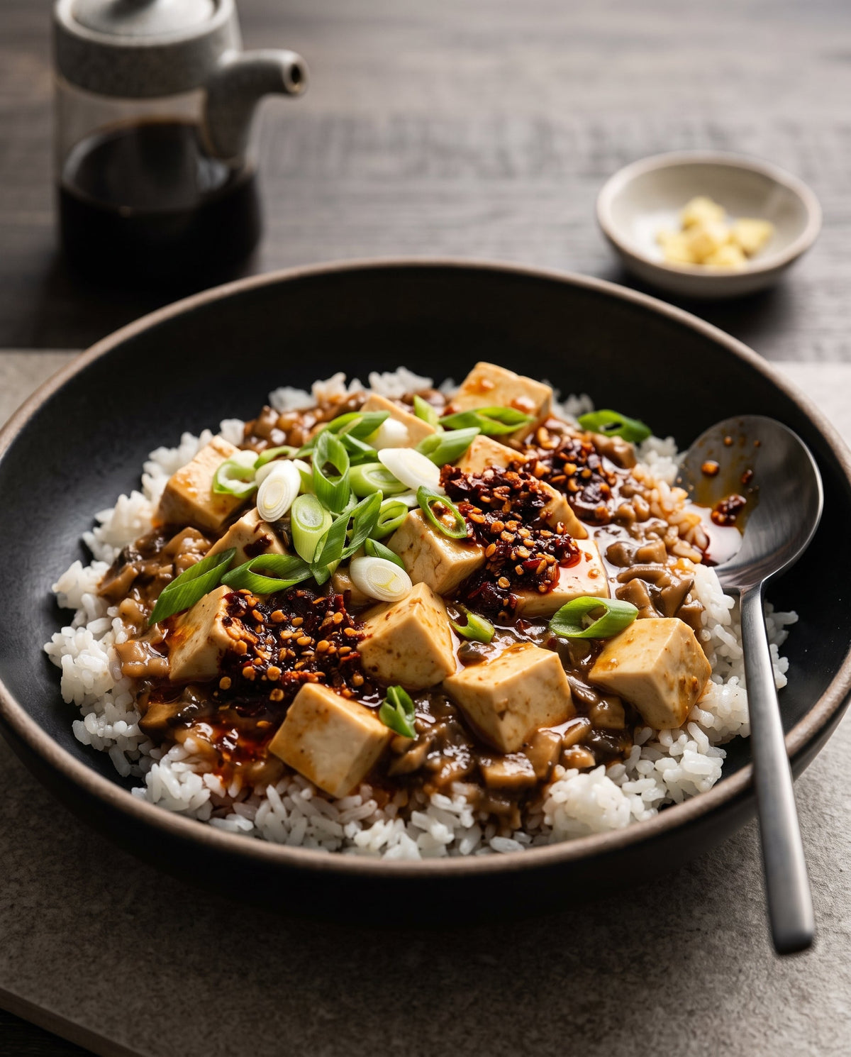 A dark ceramic bowl filled with white rice, topped with soft tofu cubes in a savory mushroom sauce, generous spoonfuls of vibrant red chili crisp, and fresh sliced scallions, set on a textured stone surface with an elegant dark spoon.