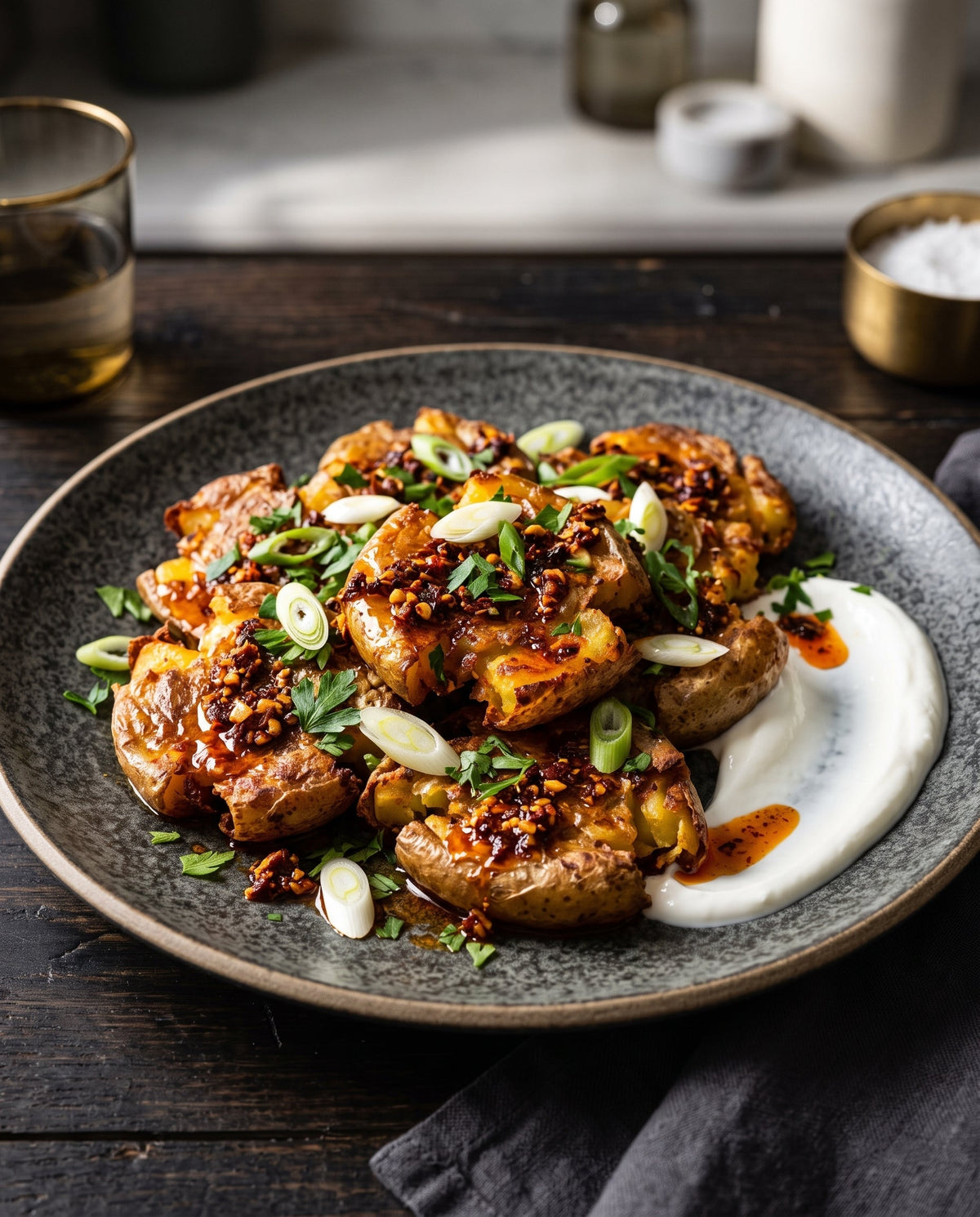 A high-end food photograph of golden-brown, crispy smashed potatoes. They are covered in a rich, glistening red chili crisp oil and garnished with sliced scallions and chopped parsley.