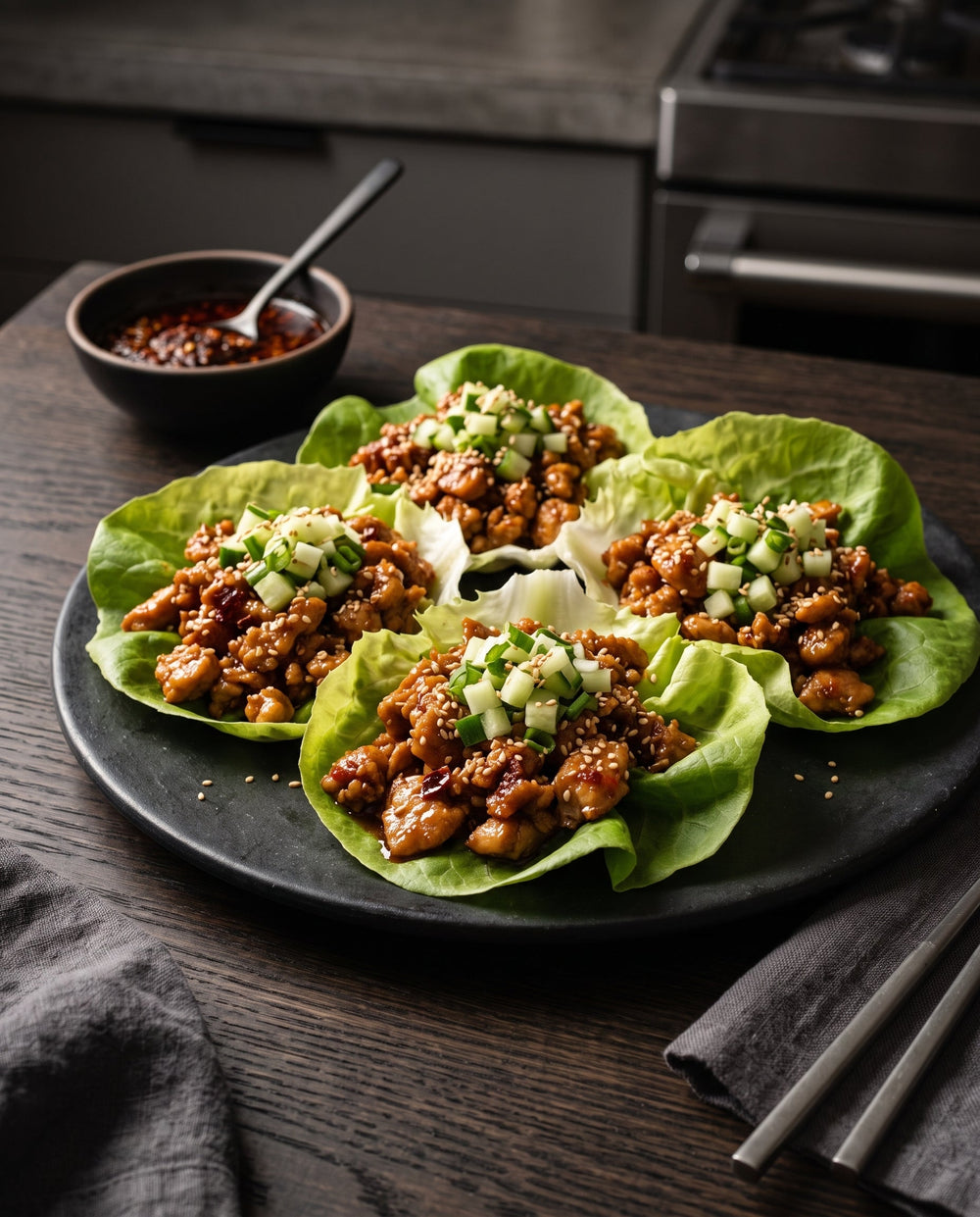 Four crisp butter lettuce cups filled with savory glazed sesame chicken, garnished with finely diced cucumber, scallions, and sesame seeds.