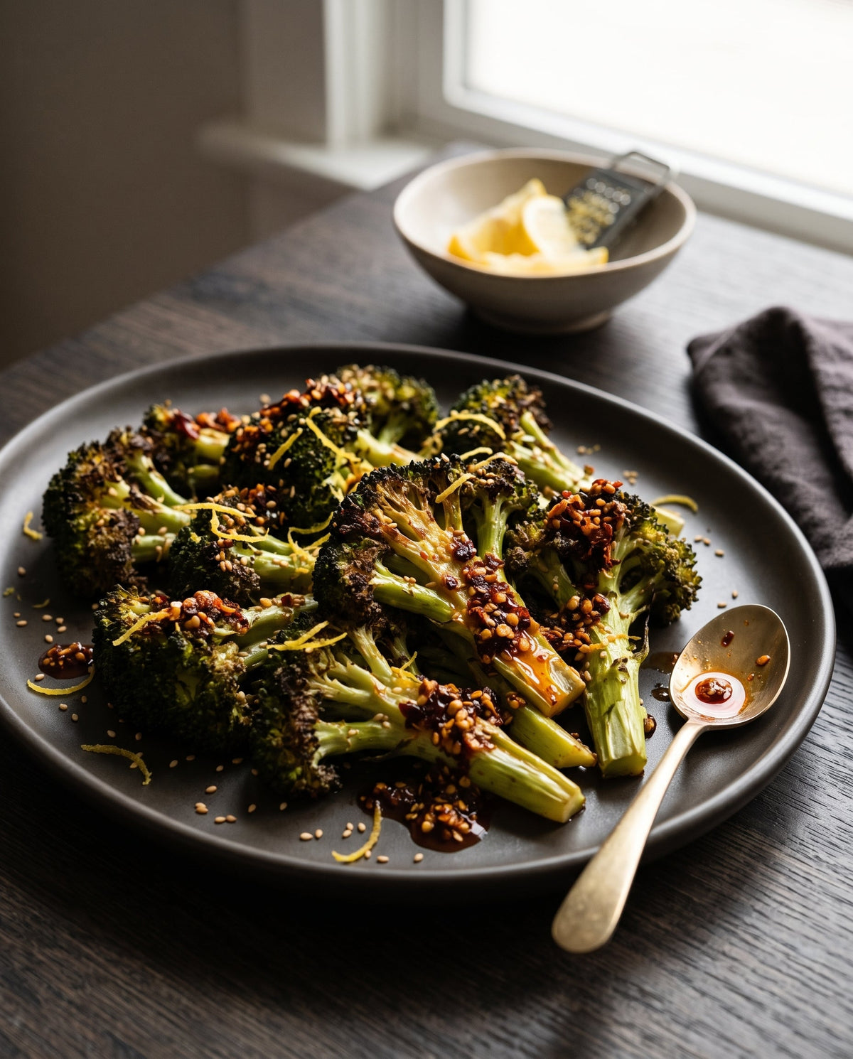 A high-end photograph of roasted broccoli florets on a dark matte ceramic plate, generously topped with glossy chili crisp oil, crunchy flakes, toasted sesame seeds, and lemon zest.