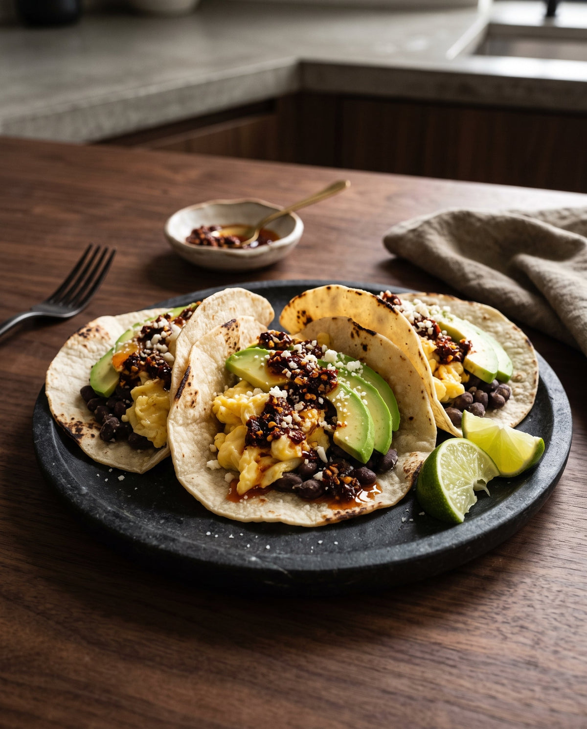 Three breakfast tacos on a dark stone plate, filled with black beans, soft scrambled eggs, and fresh sliced avocado. The tacos are garnished with a generous drizzle of red spicy chili crisp
