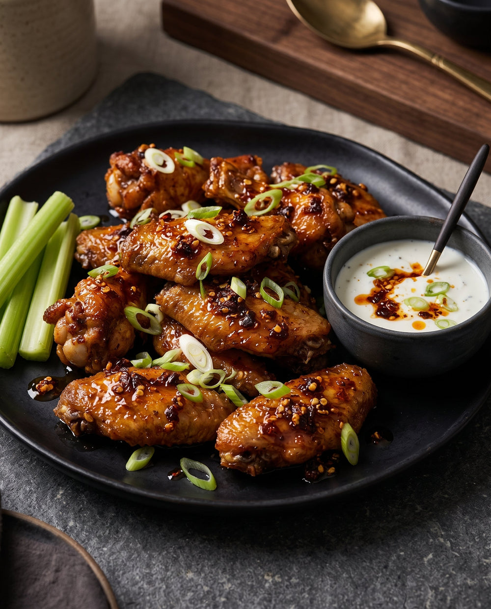Crispy oven-roasted chicken wings coated in a sticky, glistening chili crisp glaze and garnished with fresh sliced scallions.