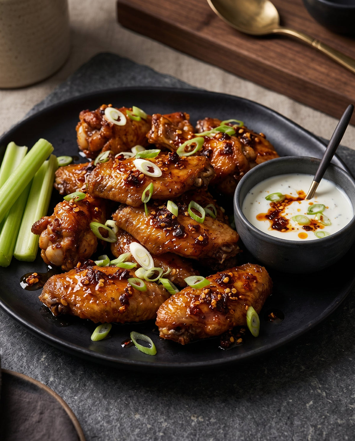 Crispy oven-roasted chicken wings coated in a sticky, glistening chili crisp glaze and garnished with fresh sliced scallions.
