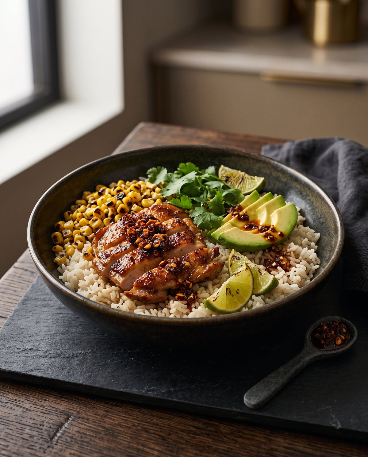 A dark ceramic bowl of Spicy Chili Crisp Corn and Chicken Rice resting on a slate board. The bowl contains white rice topped with sliced seared chicken, charred corn kernels, fresh avocado slices, cilantro sprigs, and grilled lime wedges.