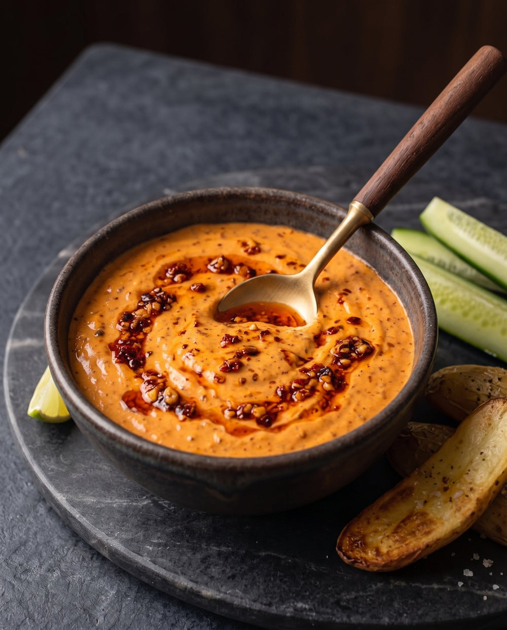 A close-up shot of creamy spicy chili crisp mayo in a dark ceramic bowl, garnished with a swirl of red chili oil and crispy chili flakes. A small wooden-handled spoon rests inside the dip.