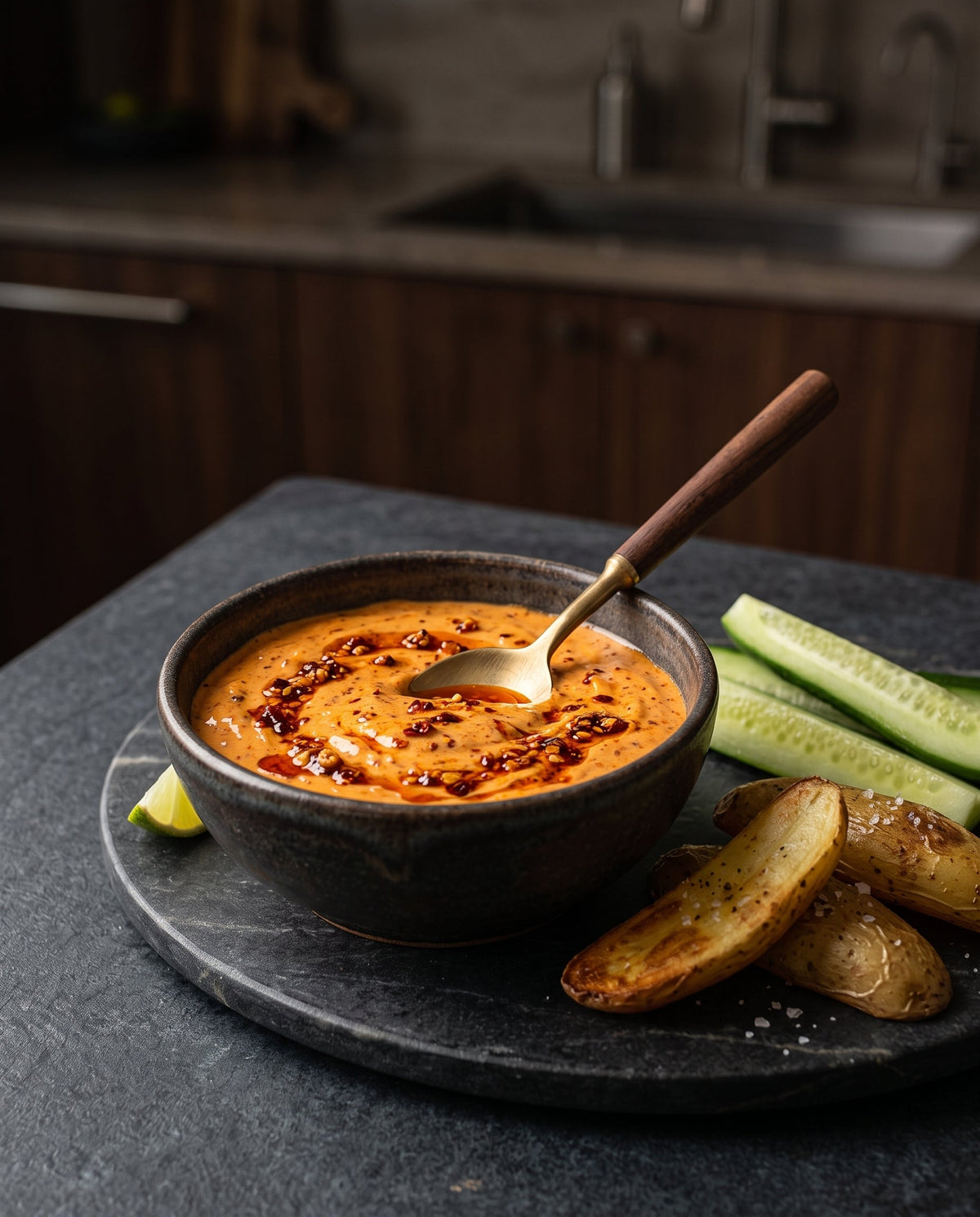 A close-up shot of creamy spicy chili crisp mayo in a dark ceramic bowl, garnished with a swirl of red chili oil and crispy chili flakes. A small wooden-handled spoon rests inside the dip.