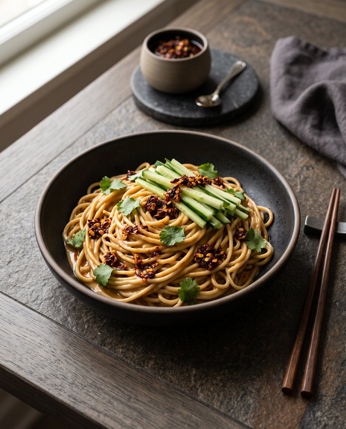 A dark ceramic bowl of creamy peanut noodles topped with cucumber matchsticks, cilantro, and spicy chili crisp, sitting on a dark stone table next to wooden chopsticks.
