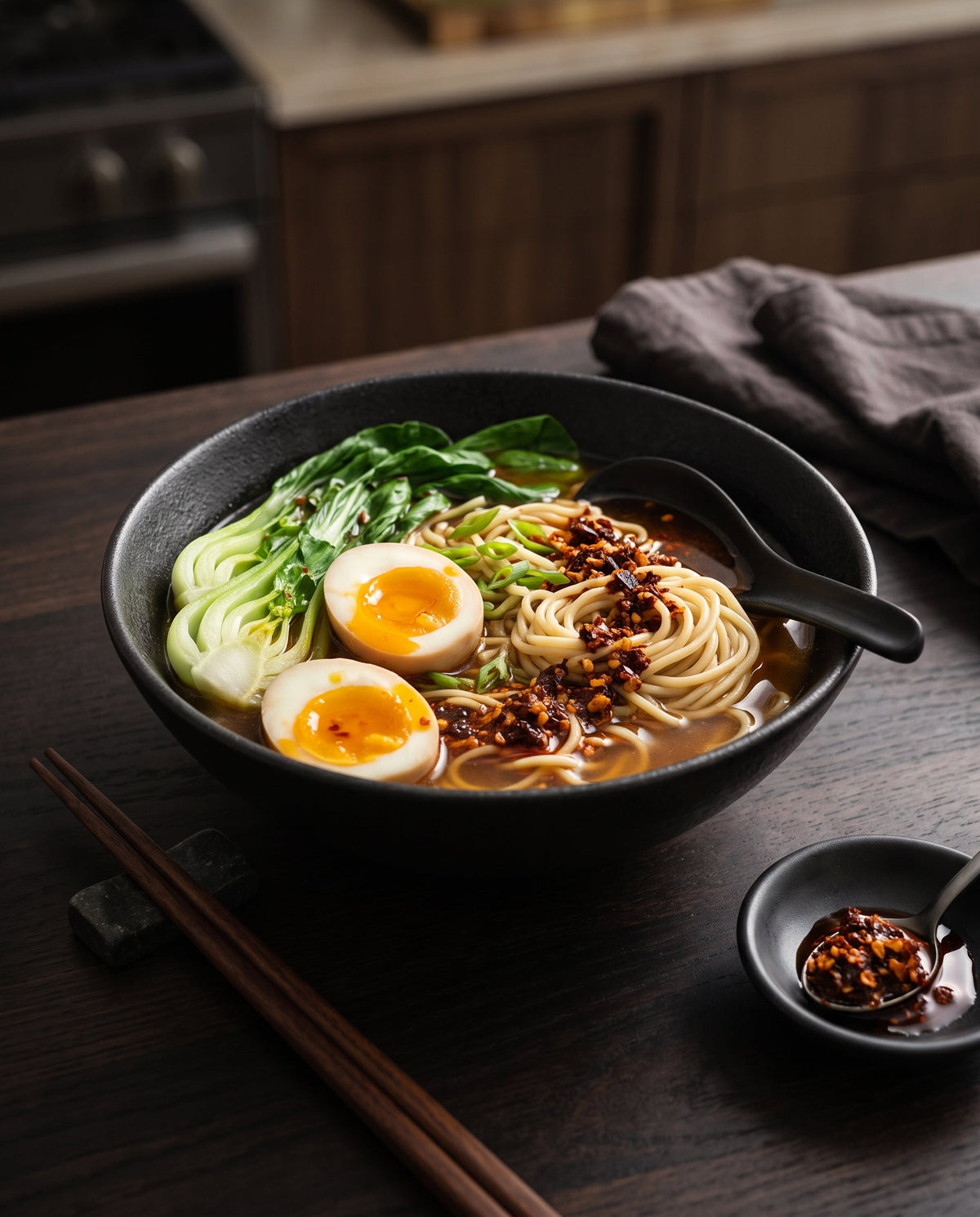 A moody, premium close-up photograph of Spicy Chili Crisp Ramen with Bok Choy. A textured black ceramic bowl sits on a dark wooden table, filled with ginger broth, ramen noodles, vibrant green baby bok choy, soft-boiled egg halves, and scallions.