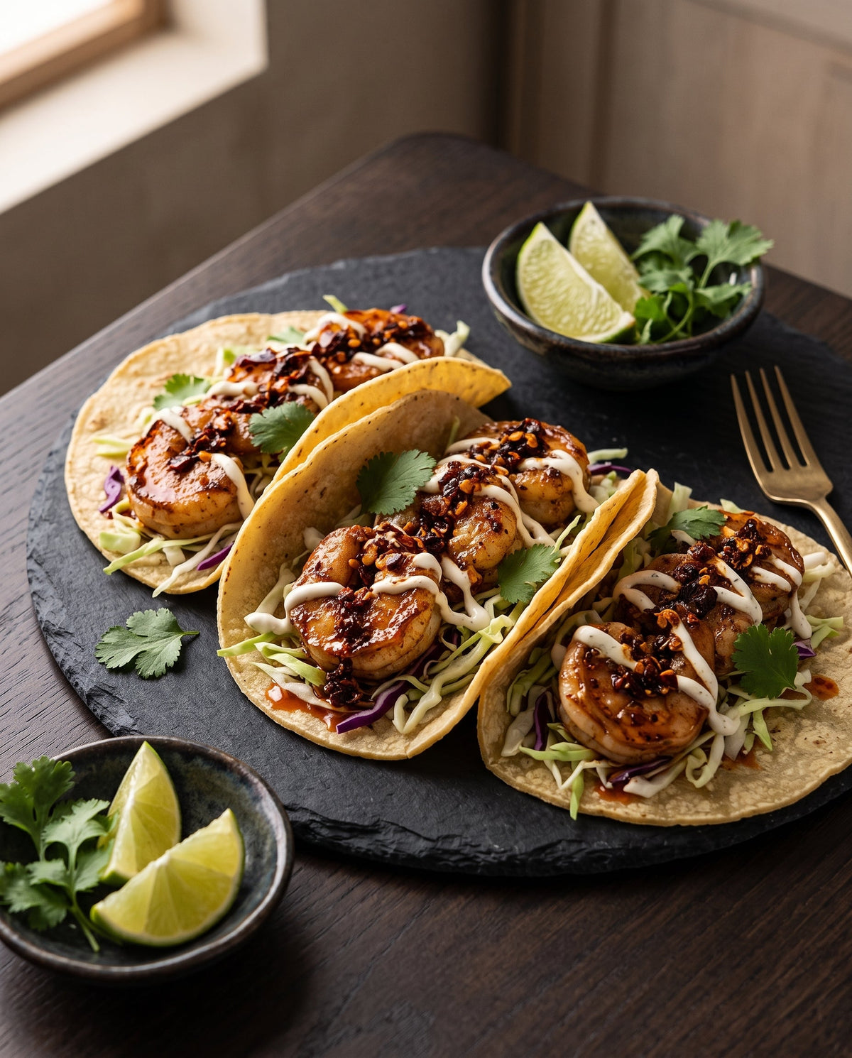 The tacos are built on warm corn tortillas and filled with a bed of shredded green and purple cabbage, plump seared shrimp, a drizzle of white lime crema, a generous topping of rich, dark red chili crisp, and fresh cilantro leaves.