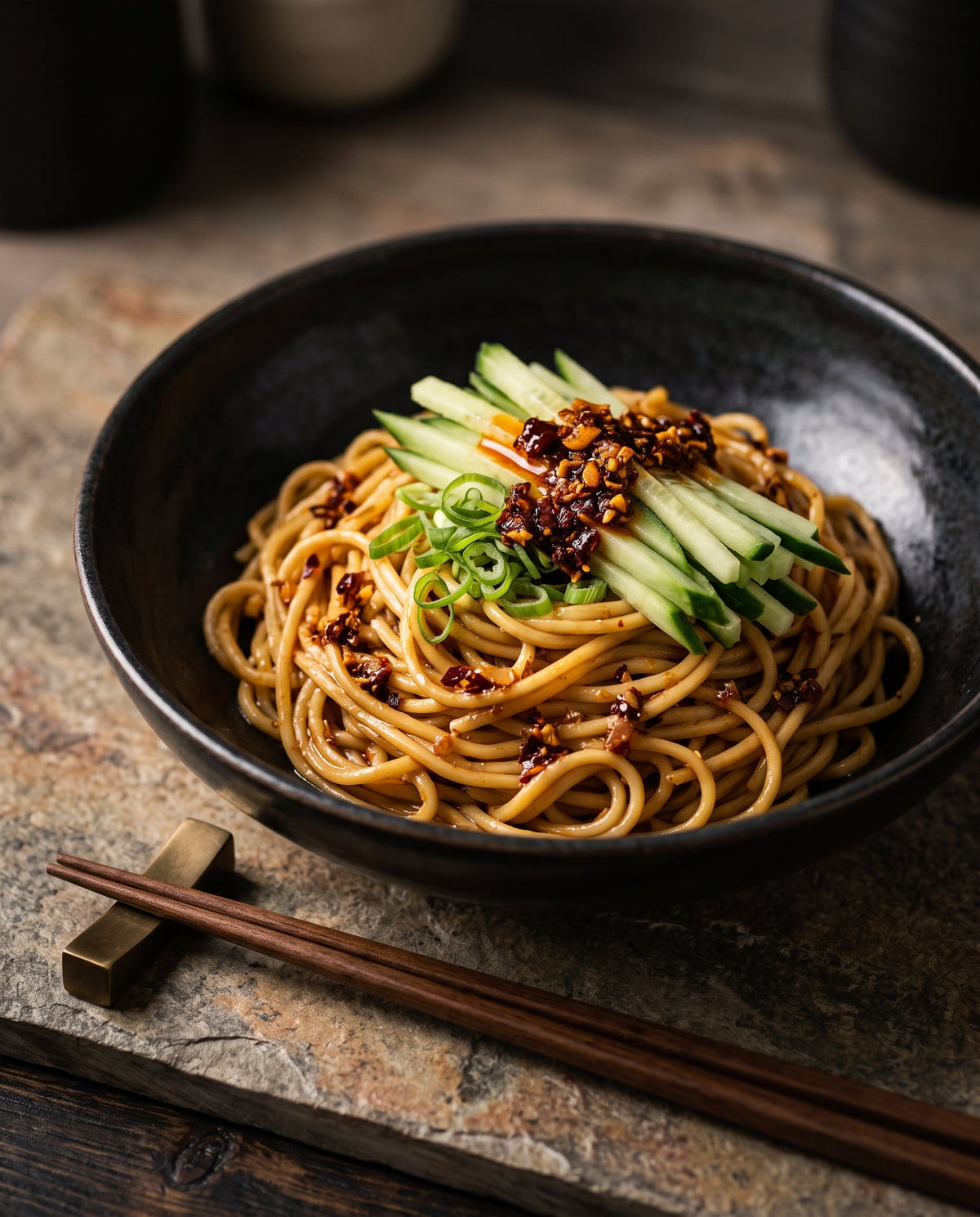 Weeknight Chili Crisp Noodles served in a textured black ceramic bowl. The glossy, sauce-coated noodles are elegantly twirled and garnished with fresh matchstick cucumbers, thinly sliced scallions, and a generous spoonful of rich, chunky chili crisp oil.