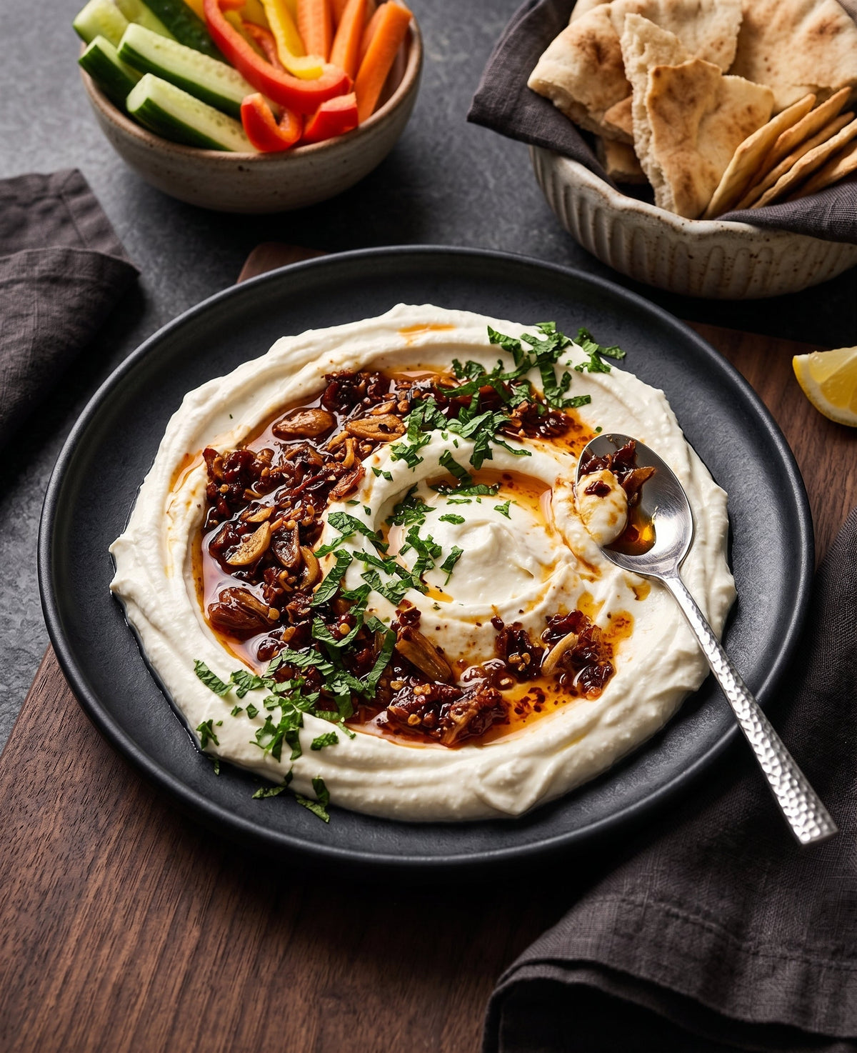 A top-down photograph of a dark ceramic plate holding a central mound of creamy white dip topped with glistening chili crisp and chopped herbs.