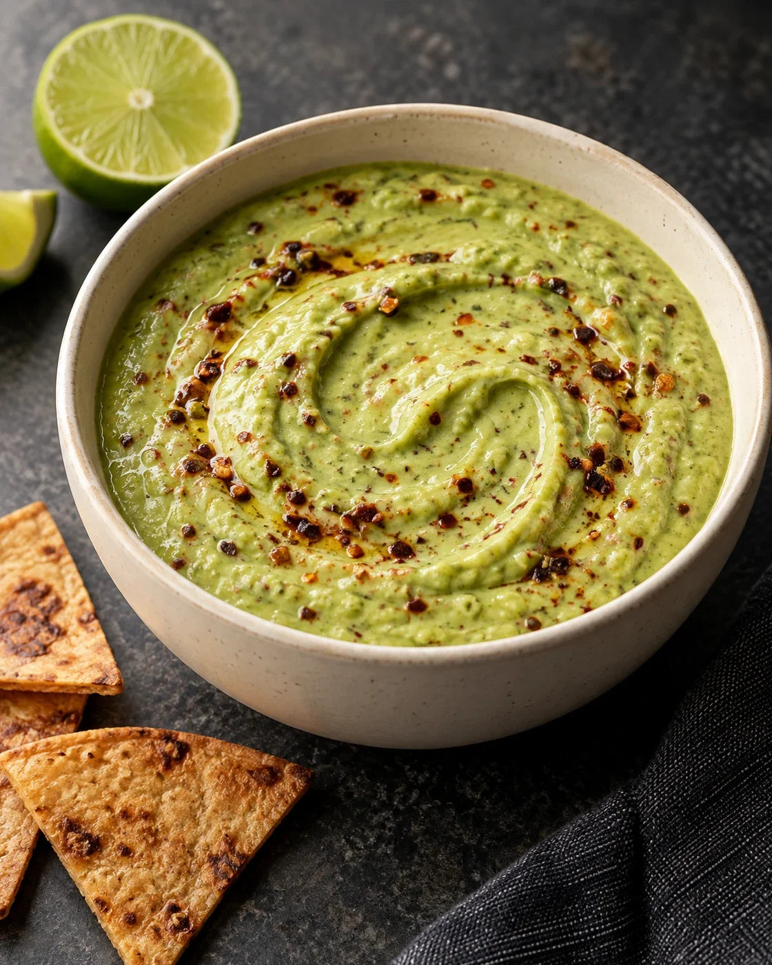Pale-green avocado-lime sauce with folded chili-crisp flecks and a red finish beside lime and tortilla wedges