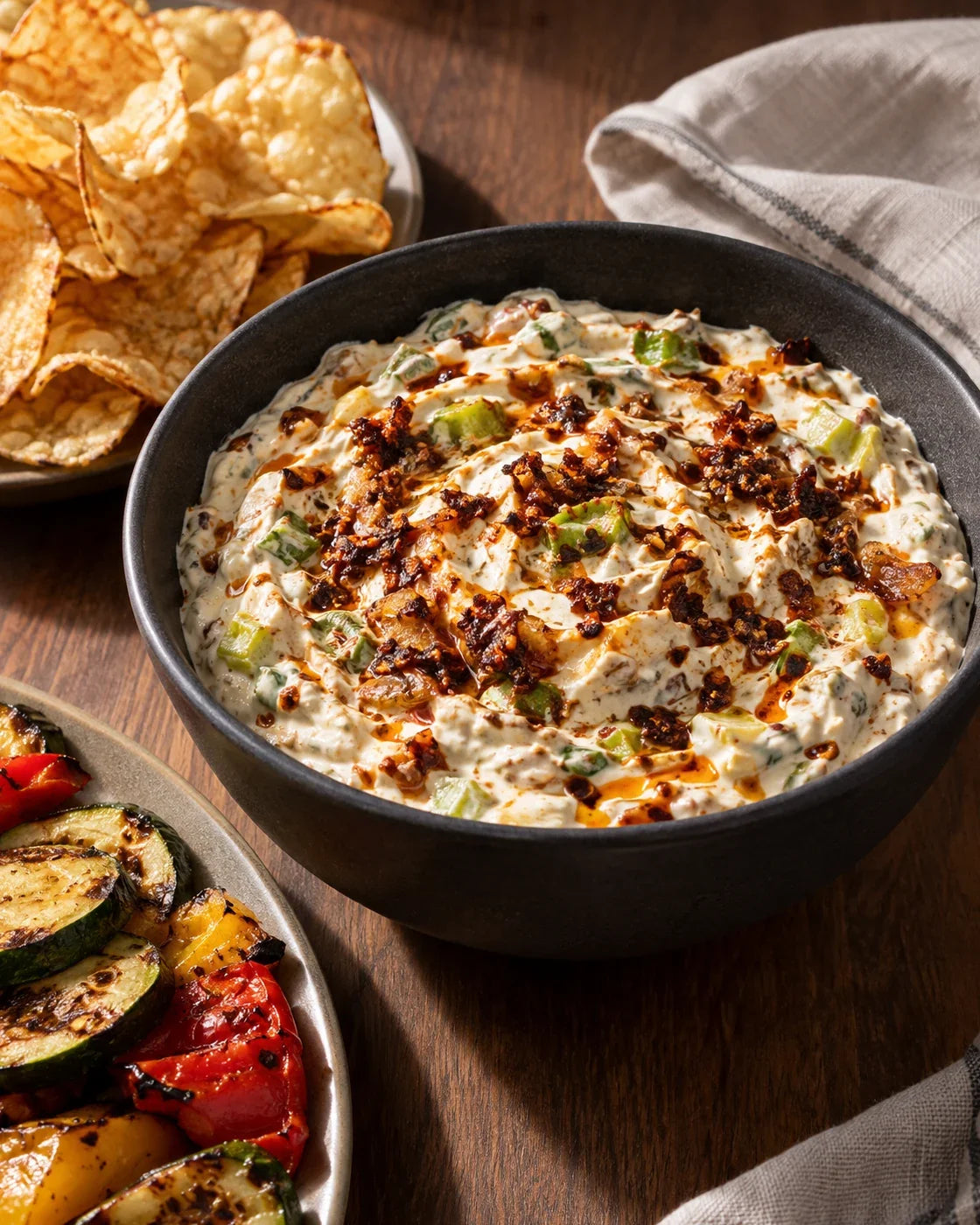 Cream-colored dip with chopped charred scallions and chili crisp beside kettle chips and grilled vegetables