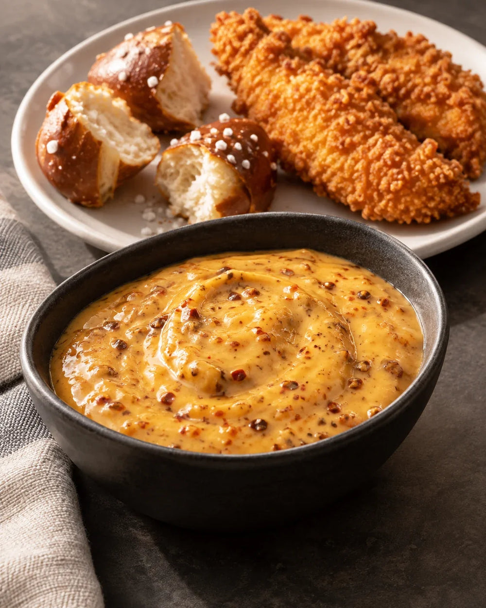 Golden honey mustard dipping sauce with visible chili-crisp flecks beside pretzels and crisp chicken tenders