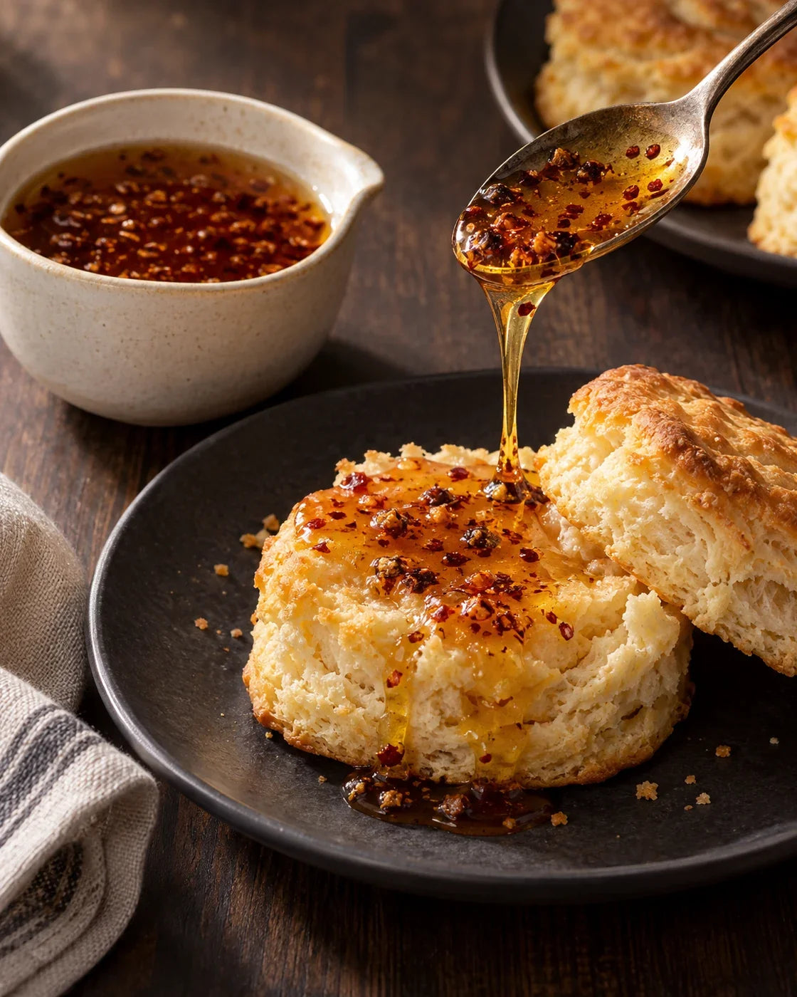 Amber chili-crisp hot honey with red-brown aromatic particles and a thin drizzle over a biscuit