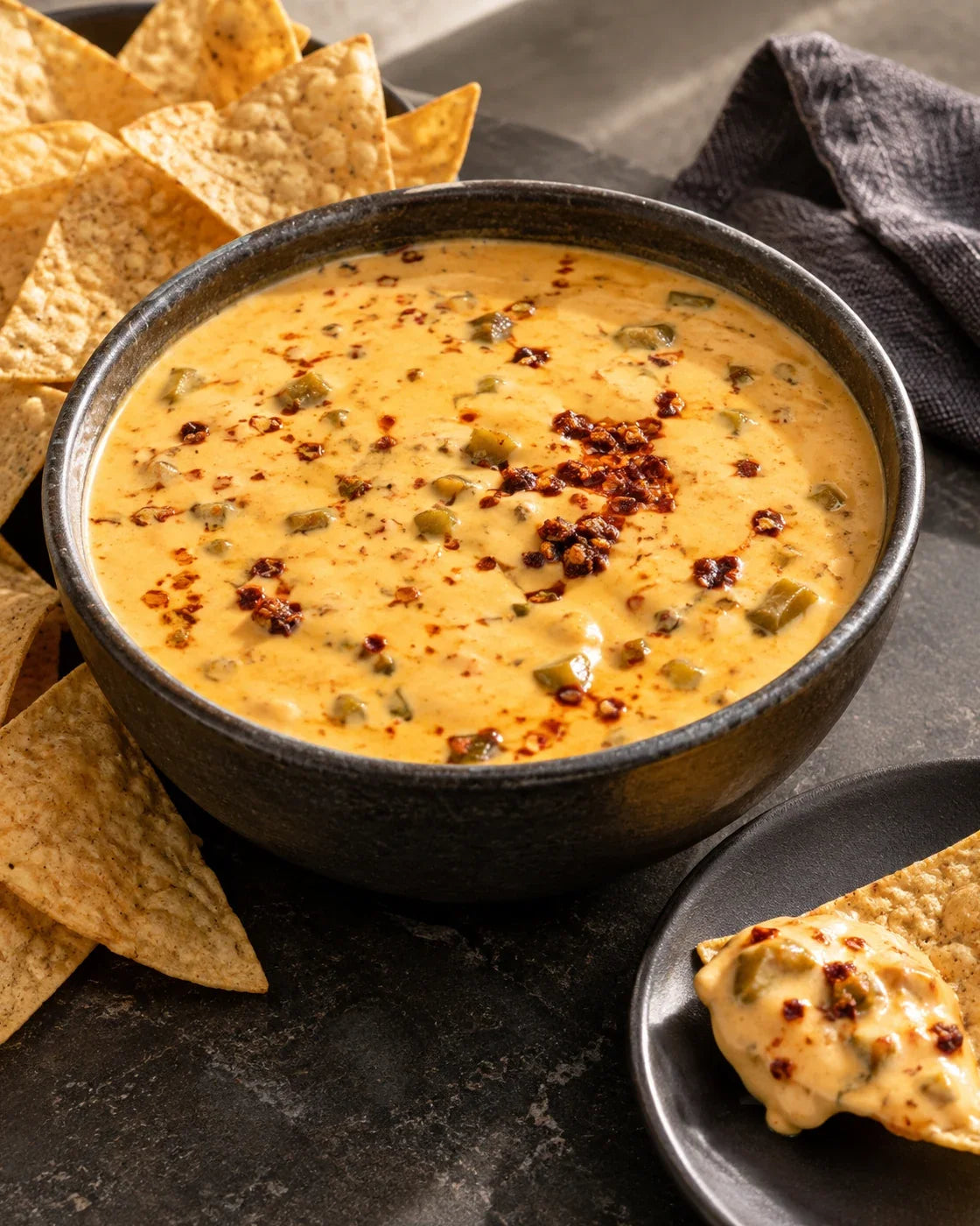 Warm smooth queso with green-chile pieces and a red chili-crisp finish, served with tortilla chips
