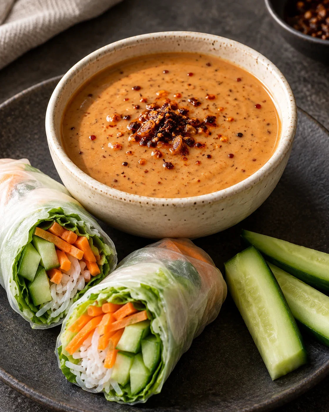 Glossy tan peanut-lime sauce with red chili-crisp flecks beside vegetable summer rolls and cucumber