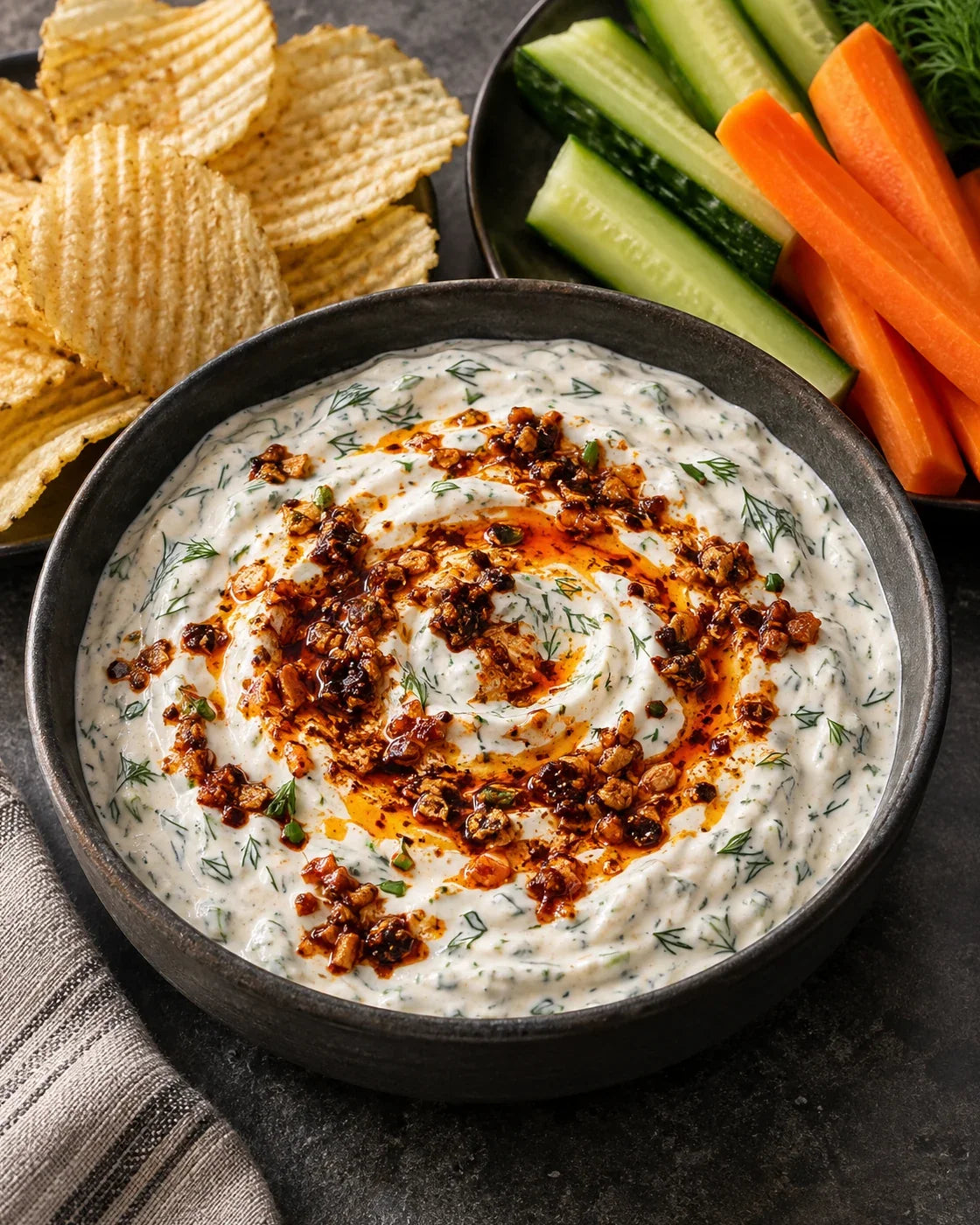 Creamy dill-and-chive ranch dip with a red chili-crisp swirl beside ridged chips and colorful vegetables