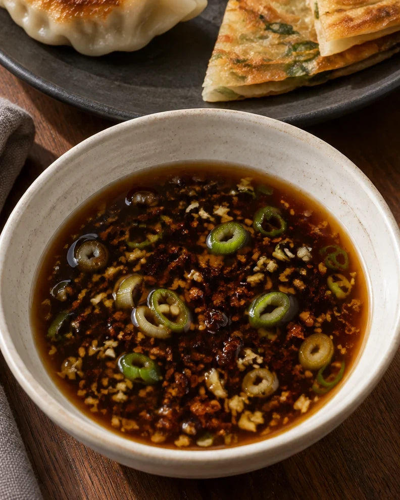 Shallow soy and rice-vinegar dipping sauce with ginger, scallion, and chili-crisp solids beside browned dumplings