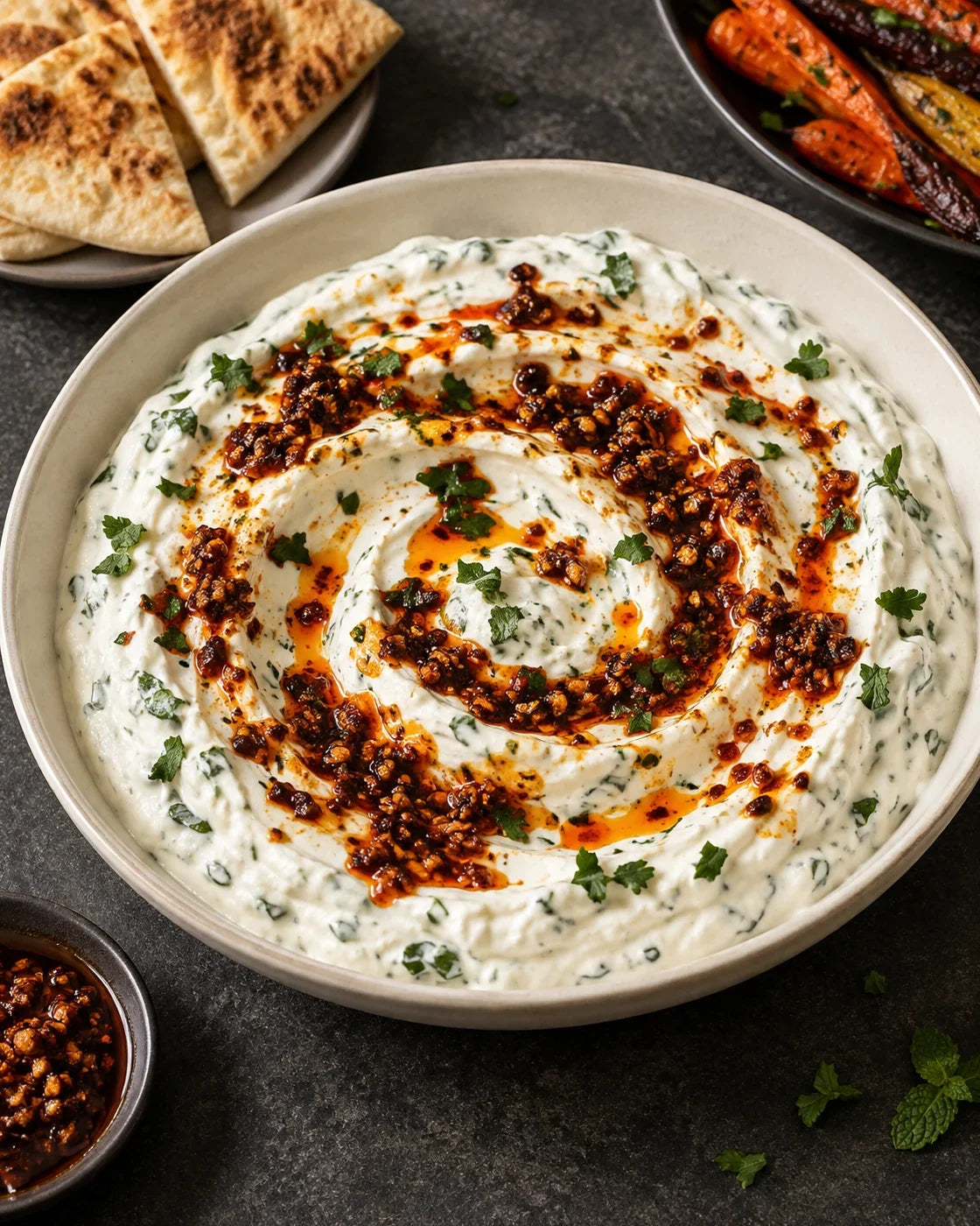Thick ivory lemon-herb yogurt dip with a defined chili-crisp swirl, pita wedges, and roasted carrots