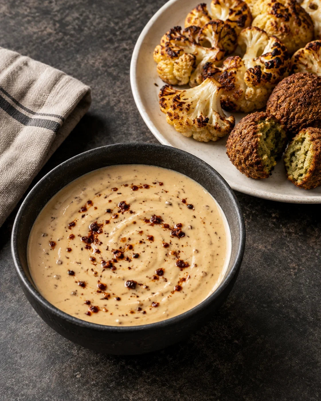 Pale sesame-colored lemon-tahini sauce with chili-crisp flecks beside roasted cauliflower and falafel