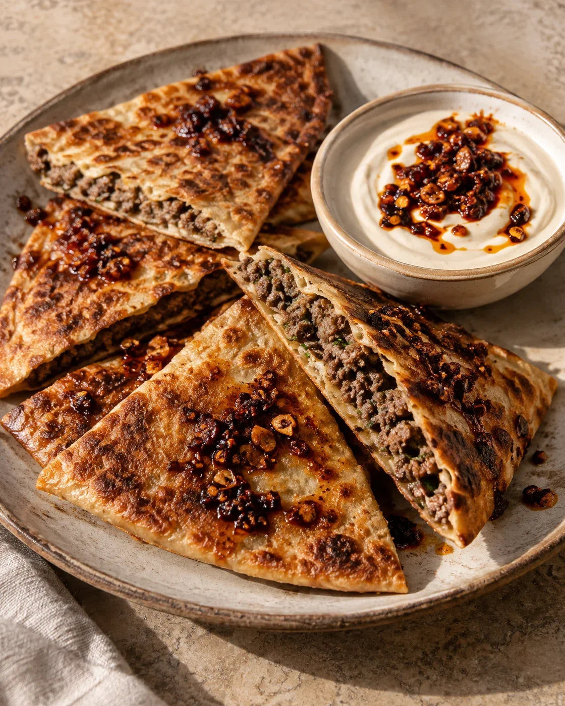 Crisp pita triangles with cooked beef filling and garlic-shallot chili crisp beside yogurt-tahini dip with a small crisp swirl