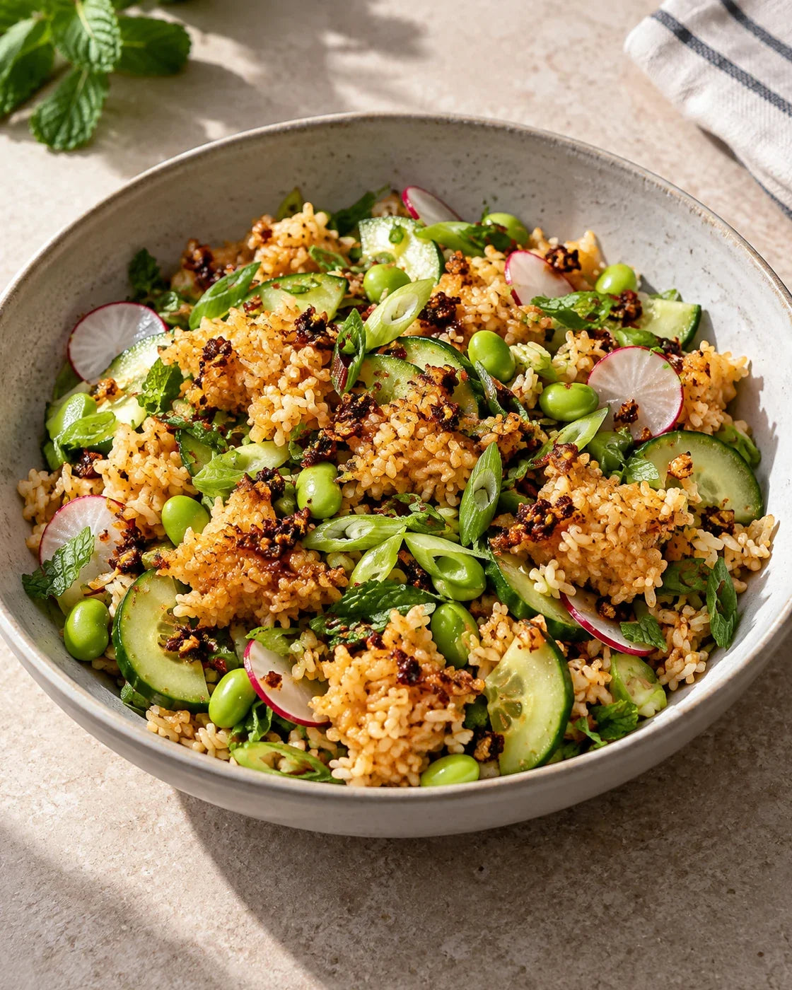 Golden crispy rice clusters with cucumber, sliced radish, green edamame, mint, and chili-crisp solids in a lightly dressed salad
