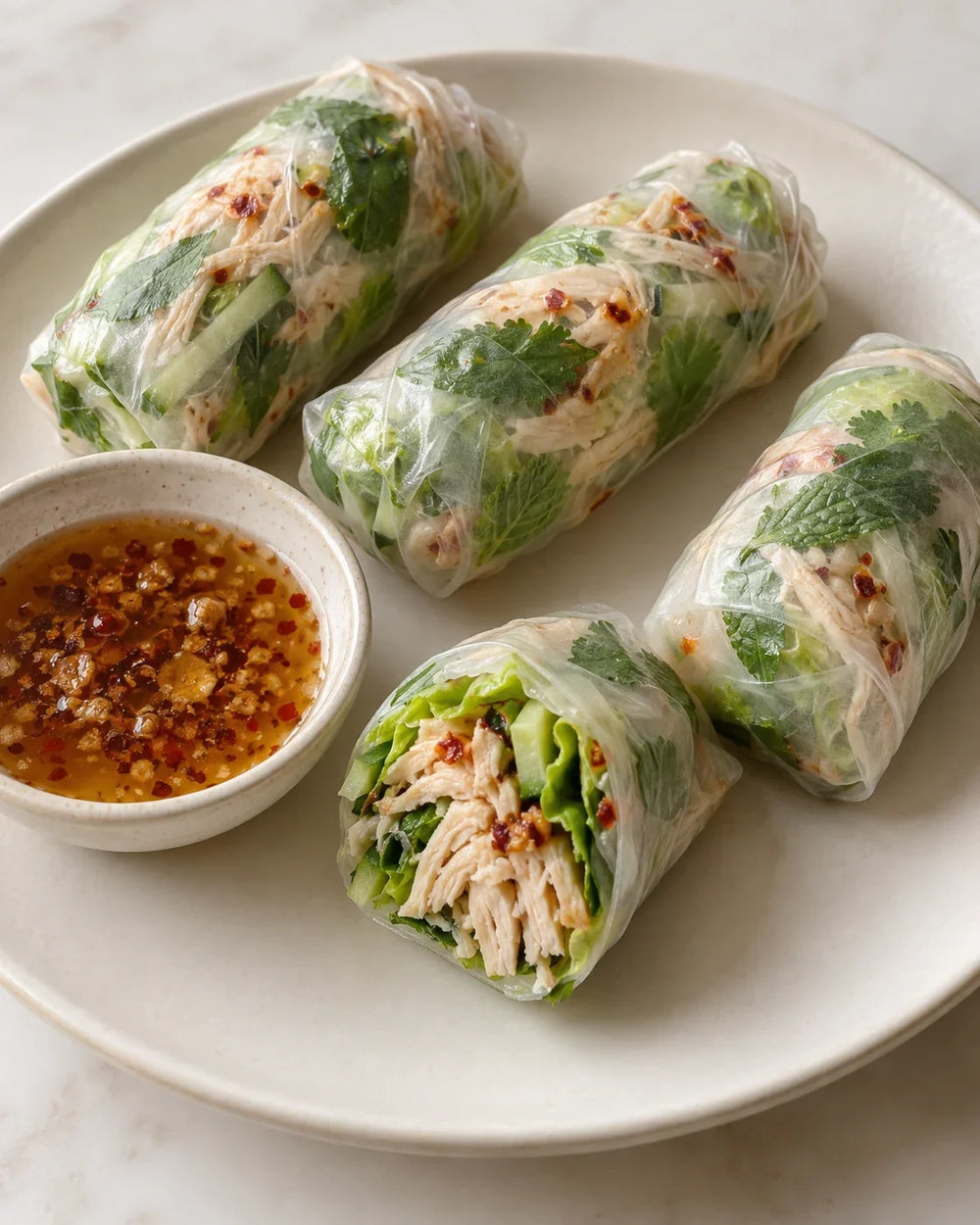 Soft chicken summer rolls with cucumber and fresh herbs beside a lime and garlic-shallot chili crisp dipping sauce