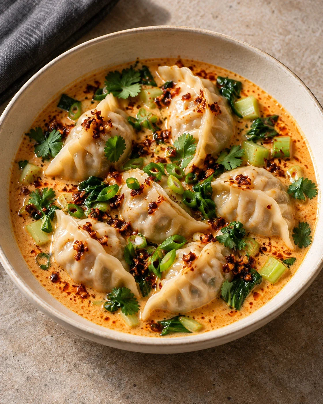 Tender potstickers and bok choy in orange coconut curry sauce with scallions, cilantro, and visible garlic-shallot chili crisp