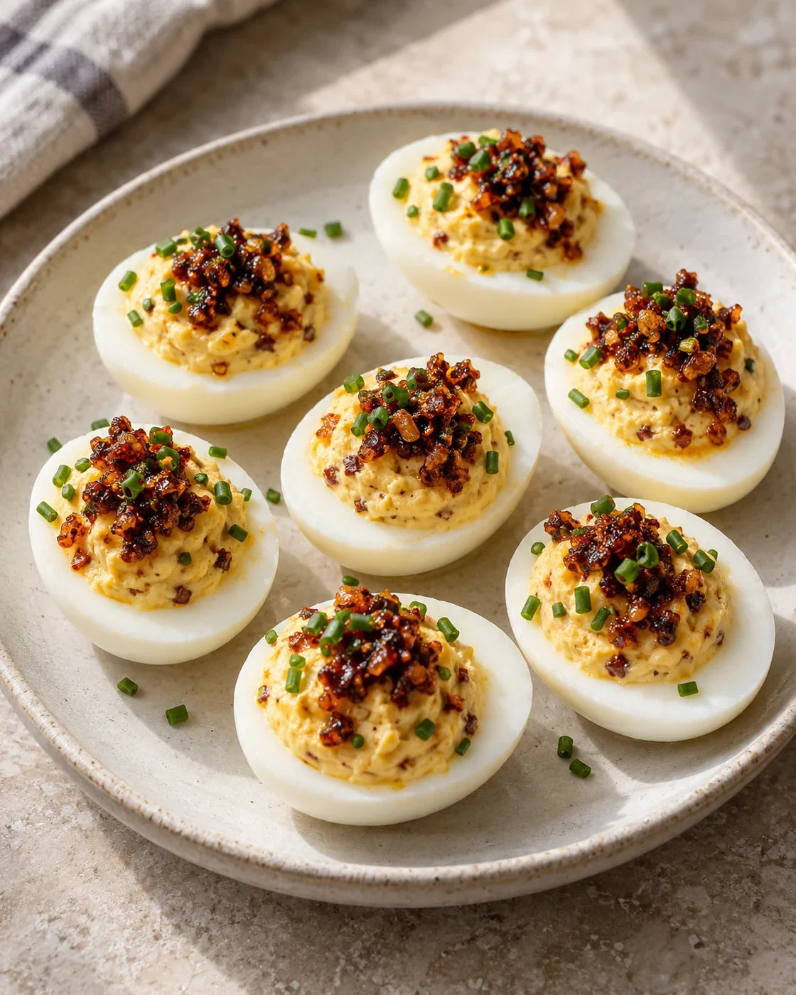 Neatly filled deviled egg halves topped with small spoonfuls of garlic-shallot chili crisp and finely sliced chives