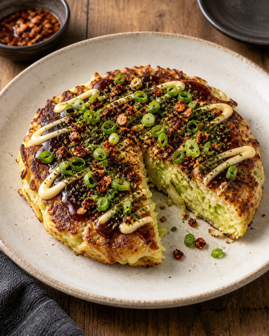Browned cabbage pancake with a cut wedge, thin sauce and mayonnaise lines, scallions, seaweed, and Garlic Shallot Chili Crisp