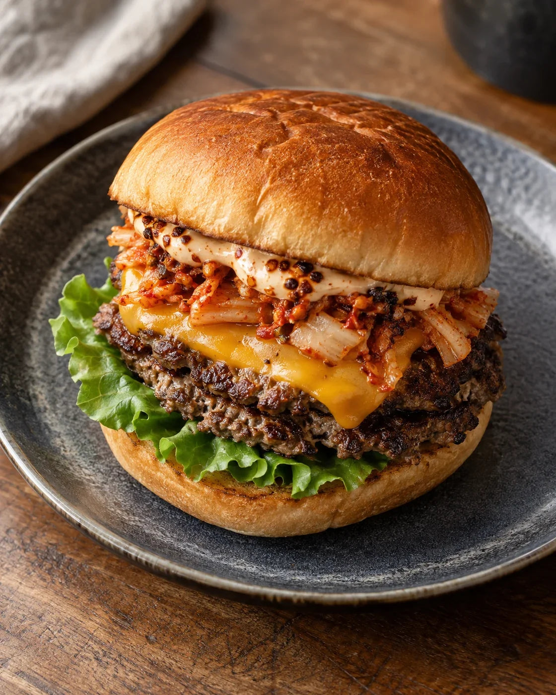 A modest double smash burger with browned beef edges, cheddar, lettuce, drained kimchi, and chili-crisp-flecked mayo in a toasted plain bun