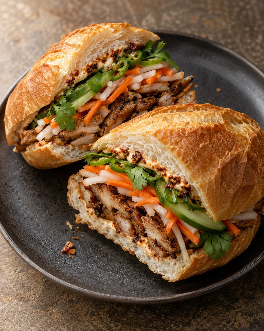 Diagonally cut crisp bánh mì filled with lemongrass chicken, carrot-daikon pickles, cucumber, cilantro, and chili-crisp mayonnaise