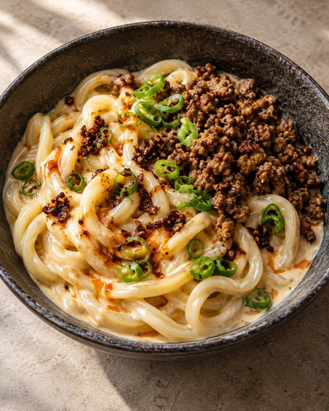 Thick udon coated in ivory tofu cream with browned pork crumbles, scallions, and red-brown spicy chili crisp