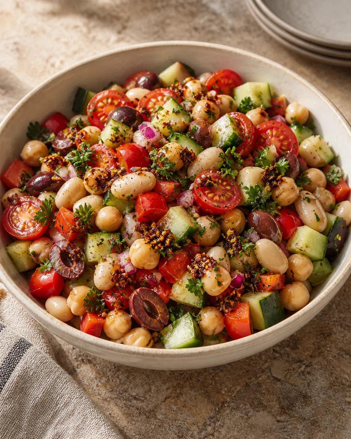 Chickpeas and cannellini beans with cucumber, red pepper, tomatoes, parsley, olives, and visible chili-crisp solids in lemon dressing